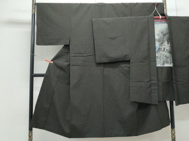 平和屋着物●男性　紬　アンサンブル　色無地　暗黒色　正絹　逸品　CAAY9566th