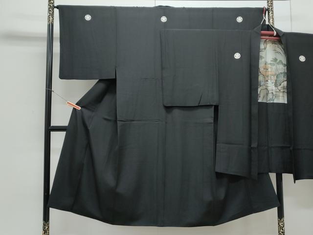 平和屋着物●男性　黒紋付　羽織セット　風景文　正絹　逸品　CAAY9568th