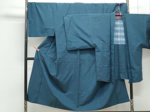 平和屋着物●男性　紬　アンサンブル　色無地　藍色　正絹　逸品　CAAY9573th