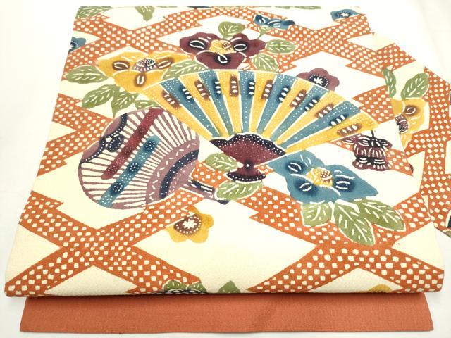 平和屋着物●九寸名古屋帯　紬地　型染め　扇面飛鶴花文　正絹　逸品　CAAY9616hy