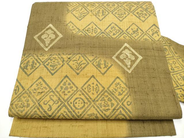 平和屋着物●九寸名古屋帯　生紬　型染め　幾何学花文　正絹　逸品　CAAY9621hy