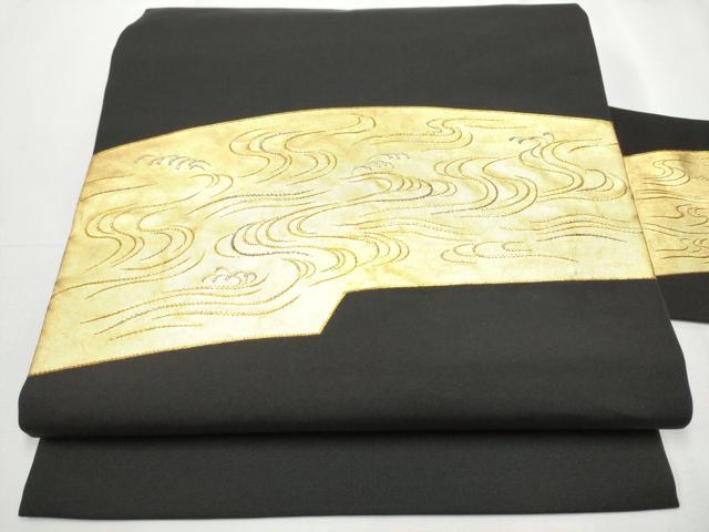平和屋着物●塩瀬　九寸名古屋帯　刺繍　流水文　黒地　金銀彩　正絹　逸品　CAAY9630hy