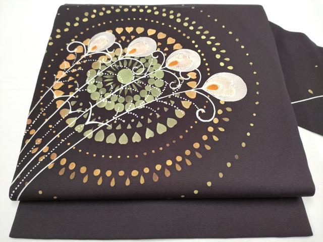 平和屋着物●塩瀬　九寸名古屋帯　孔雀羽文　金彩　正絹　逸品　CAAY9641hy