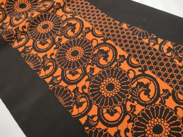 平和屋着物○全通柄 九寸名古屋帯 型染め 菊唐草文