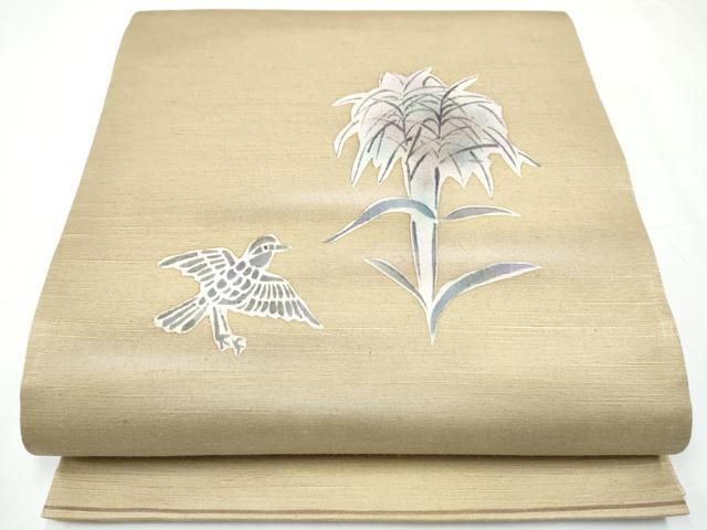 平和屋着物●太鼓柄袋帯　紬地　型染め　花鳥文　正絹　逸品　CAAY9653hy