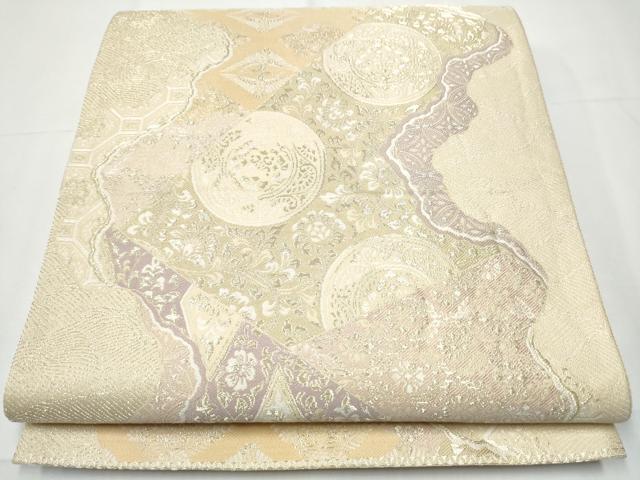 平和屋着物●六通柄袋帯　道長飛鶴花丸文　金糸　正絹　逸品　CAAY9667hy