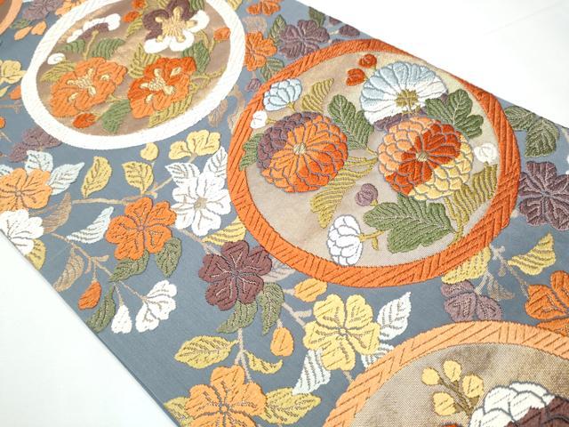 平和屋着物○六通柄袋帯 能衣唐織 枝垂桜菊丸文 金糸 正絹