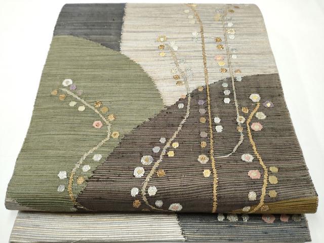 平和屋着物●六通柄袋帯　紬地　枝梅文　金銀糸　正絹　逸品　CAAY9763hy