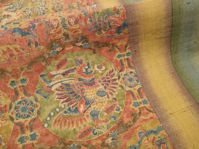 平和屋着物○全通柄袋帯 紬地 動物草花丸文 金通し地