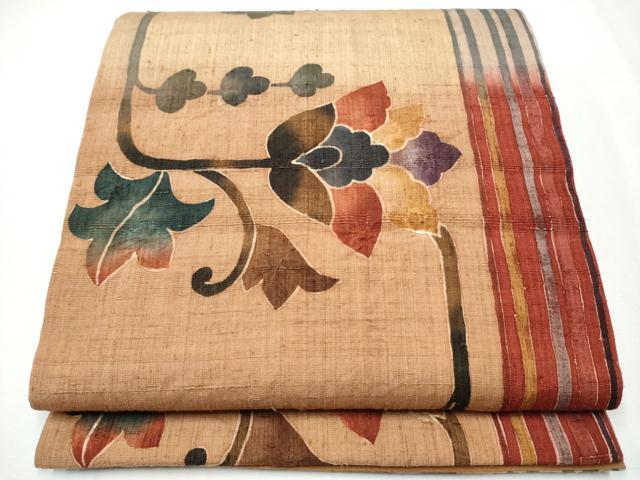 平和屋着物●全通柄袋帯　生紬　絞り　型染め　更紗花唐草文　正絹　逸品　CAAY9784hy