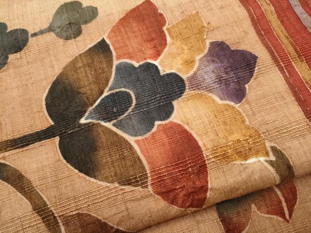 平和屋着物●全通柄袋帯　生紬　絞り　型染め　更紗花唐草文　正絹　逸品　CAAY9784hy 平和屋着物○全通柄袋帯 生紬 絞り 型染め 更紗花唐草