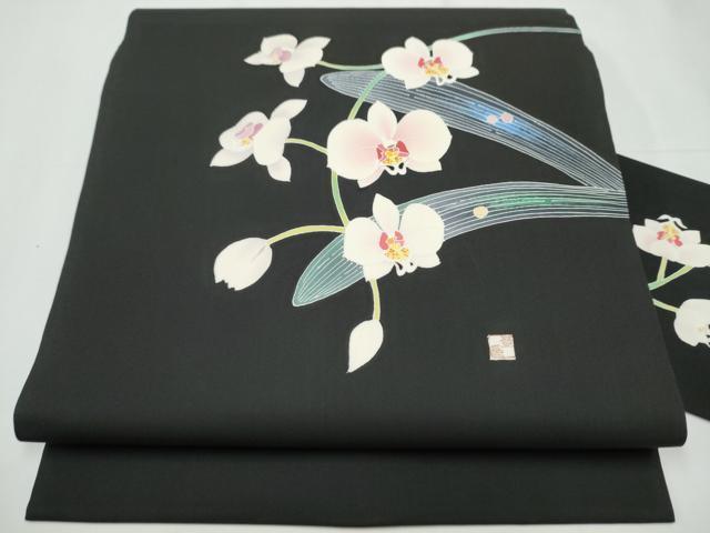 平和屋着物●塩瀬　九寸名古屋帯　作家物　胡蝶蘭　黒地　正絹　逸品　CAAY9803hy
