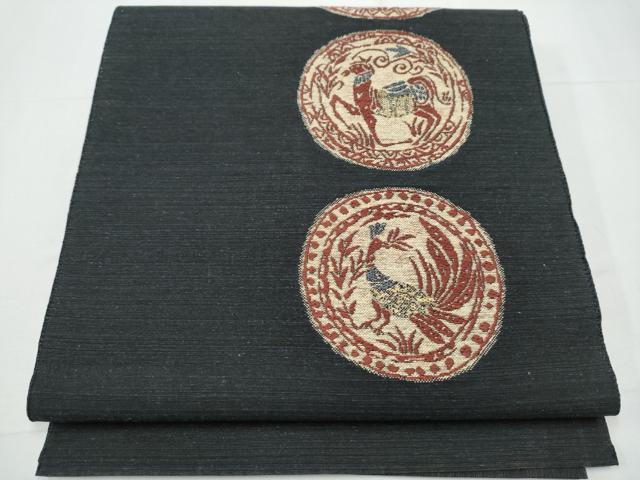 平和屋着物●八寸名古屋帯　紬地　動物丸文　黒地　正絹　逸品　CAAY9805hy