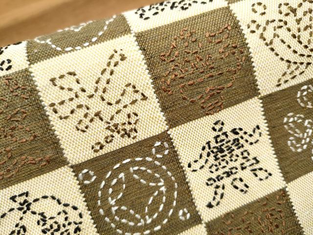 平和屋着物○八寸名古屋帯 紬地 刺し子 市松吉祥文 遠州七宝