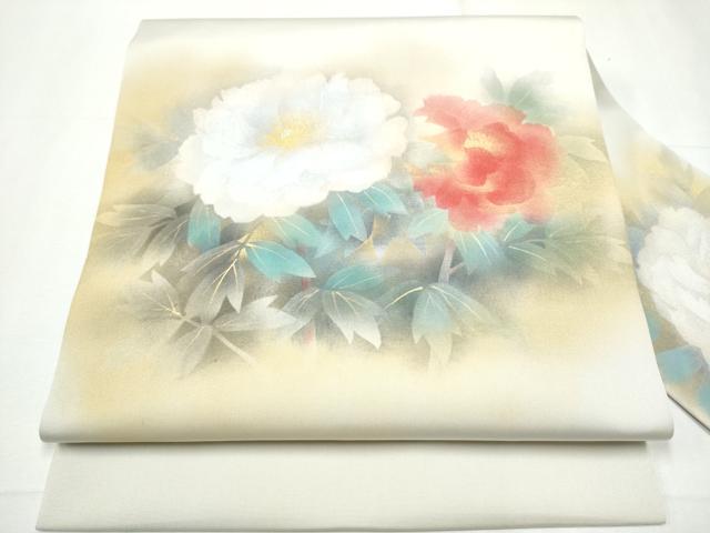 平和屋着物●塩瀬　九寸名古屋帯　牡丹　金彩　正絹　逸品　CAAY9821hy