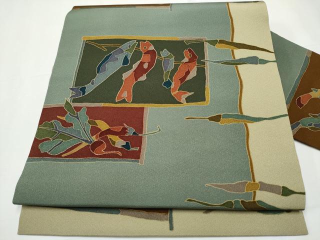 平和屋着物●全通柄　九寸名古屋帯　型染め　魚　成物　金彩　正絹　逸品　CAAY9839hy