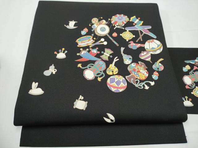 平和屋着物●塩瀬　九寸名古屋帯　玩具文　黒地　金彩　正絹　逸品　CAAY9841hy