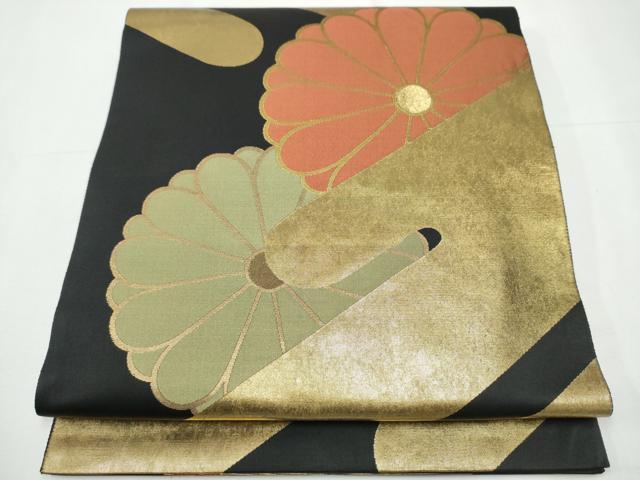 平和屋着物●西陣織　陰山織物謹製　箔屋清兵衛　六通柄袋帯　雲取菊花文　黒地　金糸　正絹　逸品　CAAY9865hy