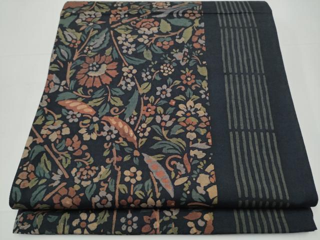 平和屋着物●全通柄袋帯　紬地　型染め　草花文　正絹　逸品　CAAY9887hy
