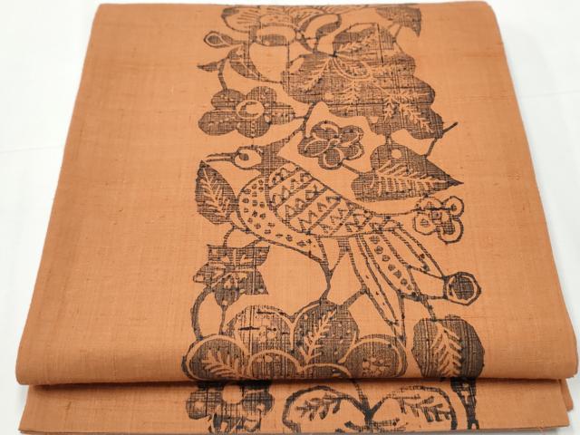 平和屋着物●六通柄袋帯　生紬　型染め　花鳥文　正絹　逸品　CAAY9897hy