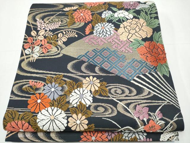 平和屋着物●六通柄袋帯　唐織　扇面流水草花文　金糸　正絹　逸品　CAAY9899hy