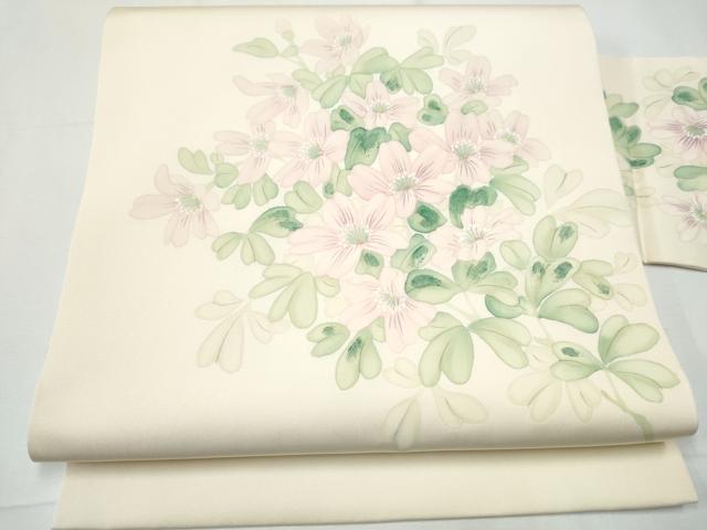 平和屋着物●塩瀬　九寸名古屋帯　手描き　草花文　正絹　逸品　CAAY9915hy