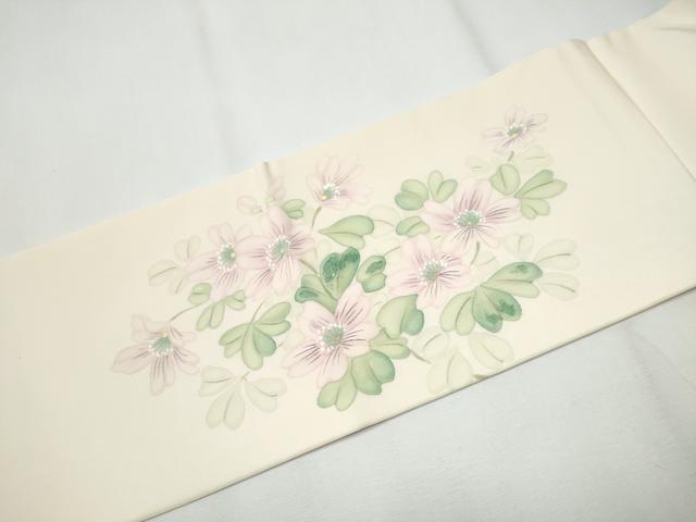 平和屋着物○塩瀬 九寸名古屋帯 手描き 草花文 正絹 逸品 CAAY9915hy