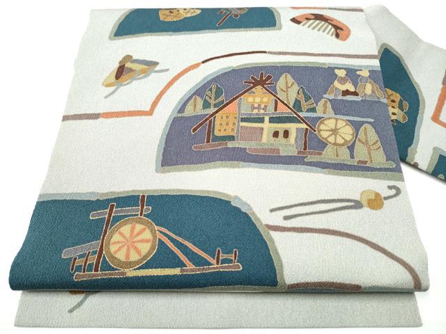 平和屋着物●全通柄　九寸名古屋帯　型染め　風景文　金彩　鬼しぼ縮緬　正絹　逸品　CAAY9920hy