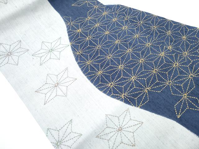 平和屋着物●九寸名古屋帯　紬地　刺し子　麻の葉文様　正絹　逸品　CAAY9927hy 平和屋着物○九寸名古屋帯 紬地 刺し子 麻の葉文様 正絹 逸品 CAAY9927hy