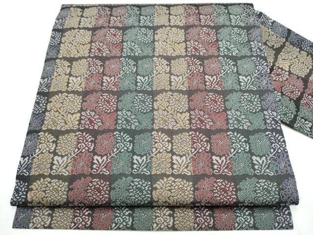 平和屋着物●全通柄　九寸名古屋帯　市松草花文　金銀糸　正絹　逸品　CAAY9959hy