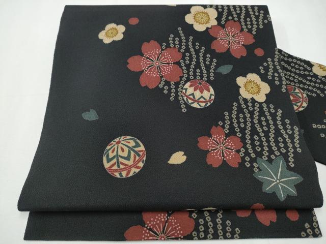 平和屋着物●全通柄　九寸名古屋帯　舞花毬文　黒地　鬼しぼ縮緬　正絹　逸品　CAAY9979hy