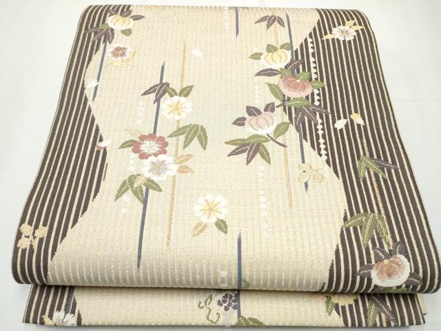 平和屋着物●十代目 歌舞伎役者　坂東三津五郎　六通柄袋帯　花布季　草花文　金糸　やまと誂製　正絹　逸品　CAAY9994hy