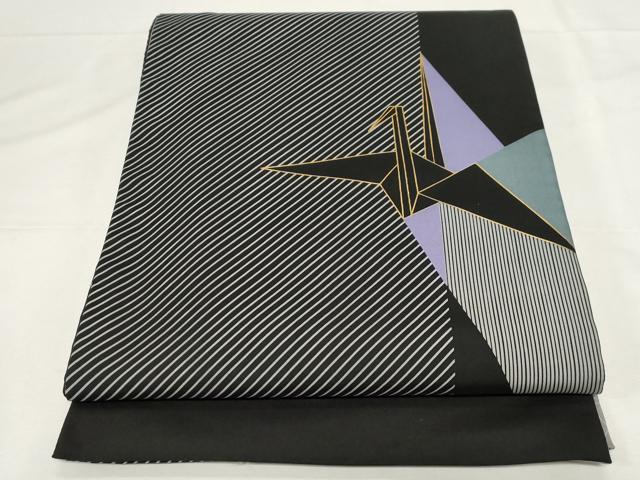 平和屋着物●六通柄袋帯　本場大島紬地　折り鶴　黒地　金彩　正絹　逸品　CAAZ0321dy