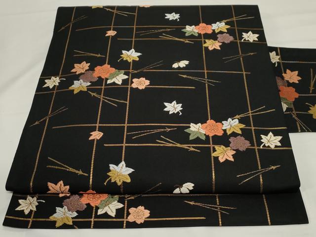 平和屋着物●九寸名古屋帯　唐織　吹寄せ文　黒地　金糸　正絹　逸品　CAAZ0346dy