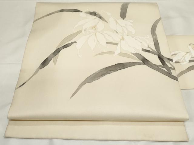 平和屋着物●塩瀬　九寸名古屋帯　手描き　草花文　金彩　正絹　逸品　CAAZ0354dy