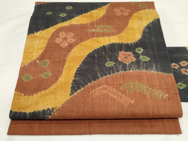 平和屋着物●九寸名古屋帯　生つむぎ　絞り　流水草花文　正絹　逸品　未使用　CAAZ0360dy