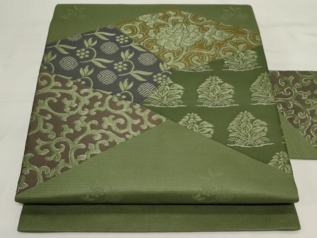 平和屋着物●九寸名古屋帯　唐織　切嵌草花文　銀糸　正絹　逸品　CAAZ0363dy