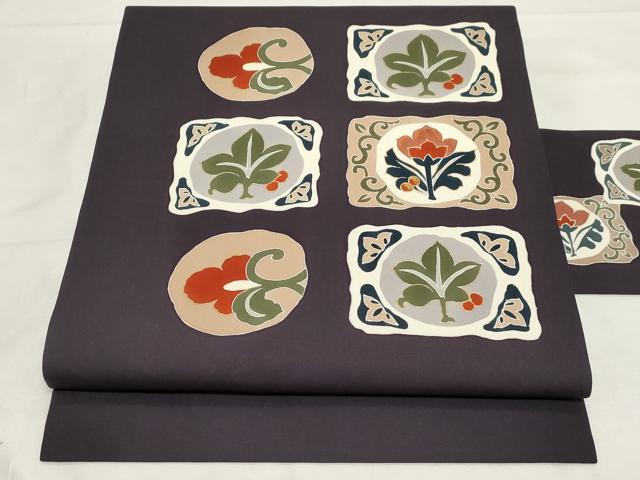 平和屋着物●塩瀬　九寸名古屋帯　刺繍　草花文　金彩　逸品　CAAZ0367dy