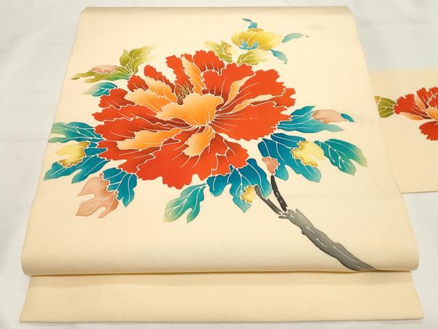 平和屋着物●塩瀬　九寸名古屋帯　草花文　金彩　逸品　CAAZ0371dy