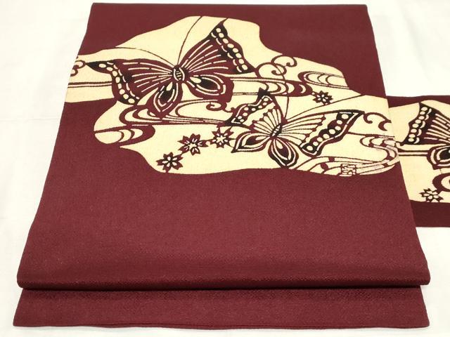 平和屋着物●九寸名古屋帯　草木手染　流水花蝶文　鬼しぼ縮緬　正絹　逸品　未使用　CAAZ0374dy