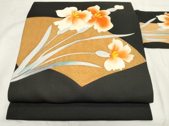 平和屋着物●塩瀬　九寸名古屋帯　地紙草花文　黒地　金彩　正絹　逸品　CAAZ0378dy