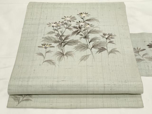 平和屋着物●九寸名古屋帯　生紬　手描き　草花文　正絹　逸品　CAAZ0387dy