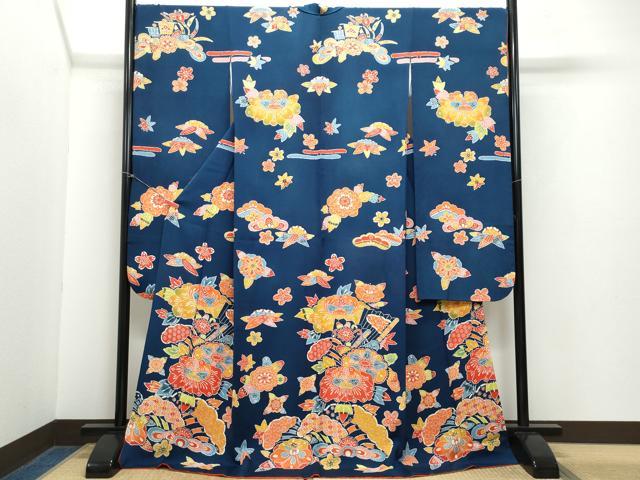 平和屋着物●豪華振袖　型染め　檜扇草花文　鬼しぼ縮緬　ロング丈　正絹　逸品　CAAZ0821vf