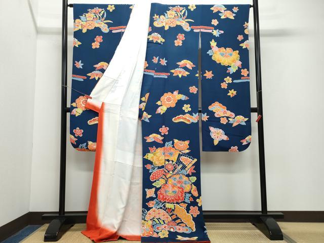 平和屋着物●豪華振袖　型染め　檜扇草花文　鬼しぼ縮緬　ロング丈　正絹　逸品　CAAZ0821vf 平和屋着物○豪華振袖 型染め 檜扇草花文 鬼しぼ縮緬 ロング