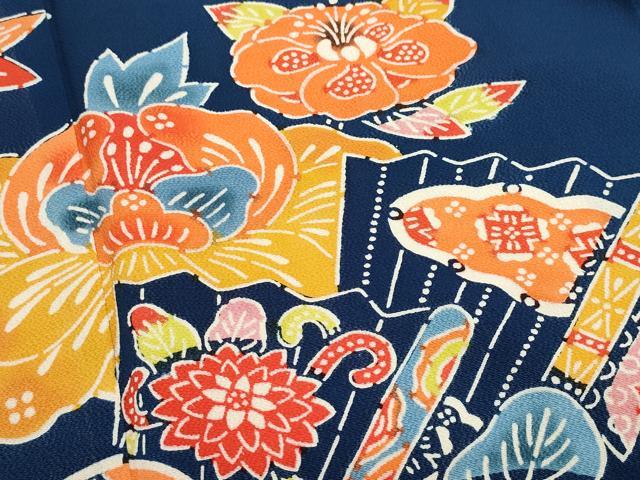 平和屋着物○豪華振袖 型染め 檜扇草花文 鬼しぼ縮緬 ロング