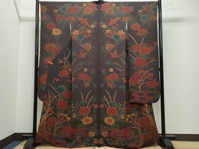 平和屋着物●宮内庁御用達　赤城右堂　振袖　型染め　草花文　鬼しぼ縮緬　正絹　逸品　CAAZ0837vf