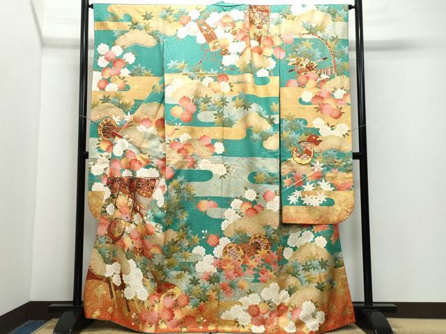 平和屋着物●豪華振袖　駒刺繍　風景楽器花文　金彩　正絹　逸品　CAAZ0858vf
