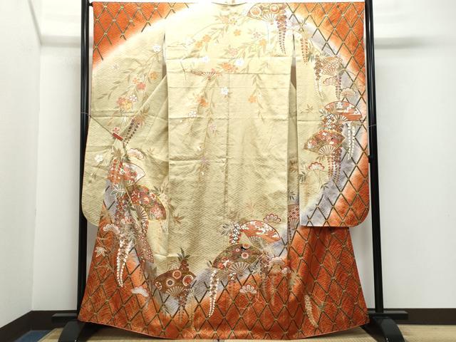 平和屋着物●豪華振袖　駒刺繍　扇面花丸文　金彩　正絹　逸品　CAAZ0901vf