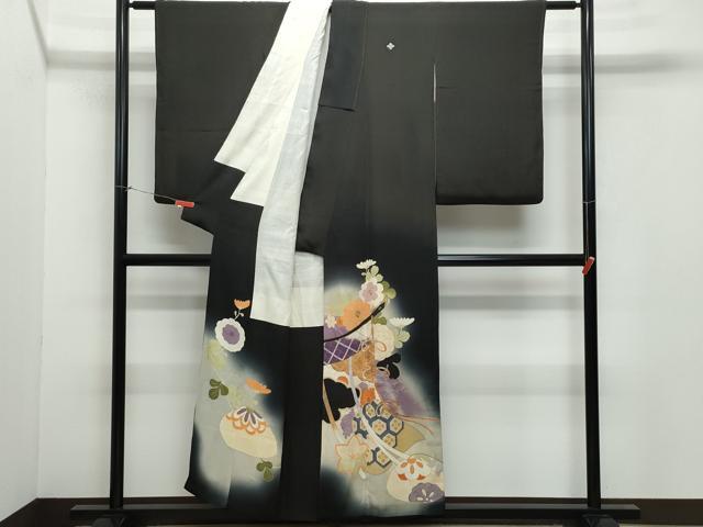 平和屋着物○アンティーク 大正ロマン 黒留袖 駒刺繍 几帳貝合わせ花文