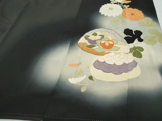 平和屋着物○アンティーク 大正ロマン 黒留袖 駒刺繍 几帳貝合わせ花文